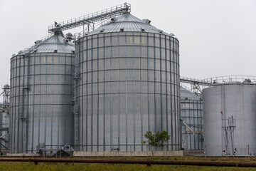 Obraz premium Heavy-duty grain silos provide storage at a farming location, showcasing industrial architecture and functionality under a gray sky