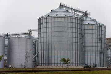 Large metal silos stand under a gray sky, storing grain at an agricultural site, showcasing modern farming infrastructure