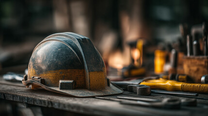 A hard hat and various tools scattered on a wooden surface in a dimly lit workshop setting indoors