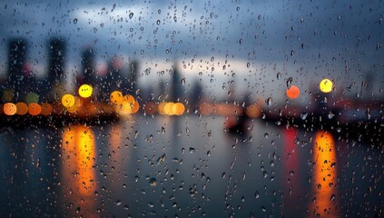 Rain-streaked window reveals a blurred cityscape at night, glowing lights reflecting on wet glass, showcasing a harbor scene with indistinct buildings and vessels