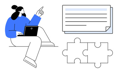 Woman using laptop, pointing while brainstorming, with notes and puzzle pieces symbolizing planning, problem-solving, and creativity. Ideal for teamwork, strategy, education, analysis innovation