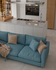 Modern house interior kitchen with living room design. 3D Render	