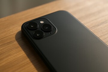 Close up of a dark smartphone camera module on a wooden surface