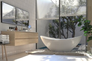 Modern bathroom interior with wooden decor in eco style. 3D Render	