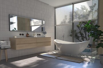 Modern bathroom interior with wooden decor in eco style. 3D Render	