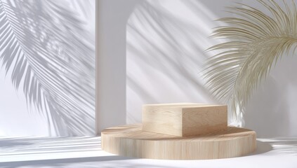 Minimalist wooden display platform with palm shadows on a white background; two-tiered, light wood, sunlight