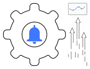 Gear with a notification bell in the center, a data graph in the corner, and arrows pointing upward. Ideal for productivity, growth, automation, scalability, innovation progress efficiency. Simple