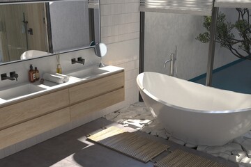 Modern bathroom interior with wooden decor in eco style. 3D Render	