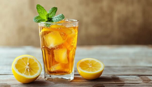 Glass of iced tea with fresh mint leaves garnish, amber colored tea in tall clear glass, lemon slices cut in half arranged around the glass, condensation droplets on glass, rustic wooden table backg
