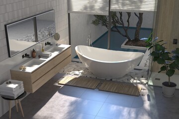 Modern bathroom interior with wooden decor in eco style. 3D Render	