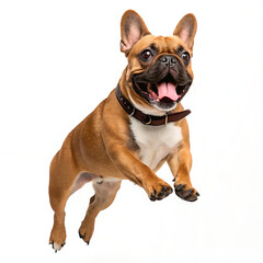 Obraz premium A tan french bulldog with a black collar is midair with mouth open on a white background looking happy
