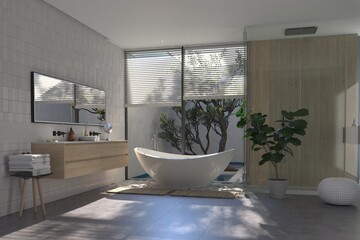 Modern bathroom interior with wooden decor in eco style. 3D Render	