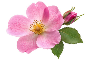Delicate pink wild rose blossom with bud and green leaves isolated on transparent background