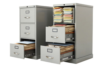 Multiple filing cabinets with various open drawers displaying organized paperwork and files, isolated on a transparent background