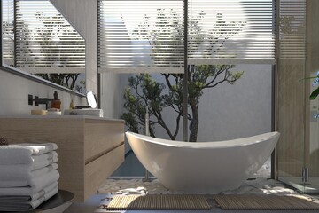 Modern bathroom interior with wooden decor in eco style. 3D Render	
