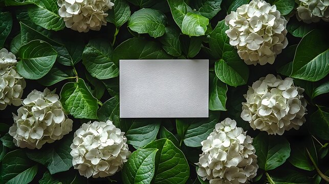 Blank gift card nestled in white hydrangeas
