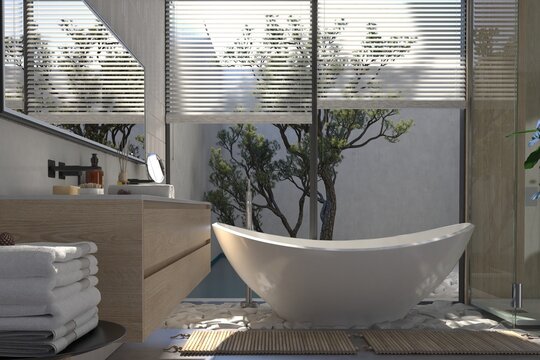 Modern bathroom interior with wooden decor in eco style. 3D Render	