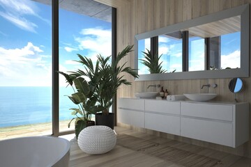 Modern bathroom interior with wooden decor in eco style. 3D Render	