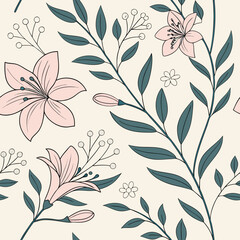 Seamless pattern with pink lilies, green leaves, and small white flowers on a light cream background design