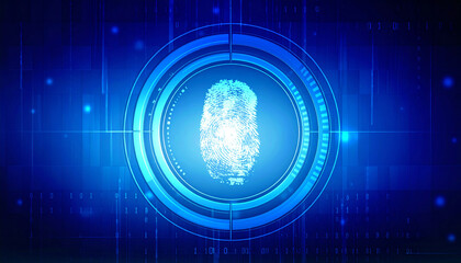 Digital Fingerprint: A luminous digital fingerprint at the core, surrounded by an eye-catching bright blue aura, symbolizing security and identification.
