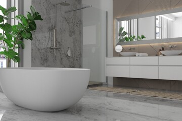 Modern bathroom interior with wooden decor in eco style. 3D Render	