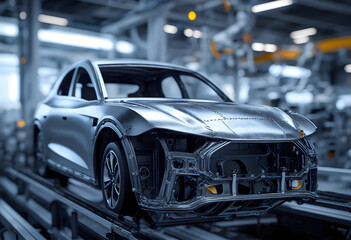 Obraz premium A silver car is on a conveyor belt