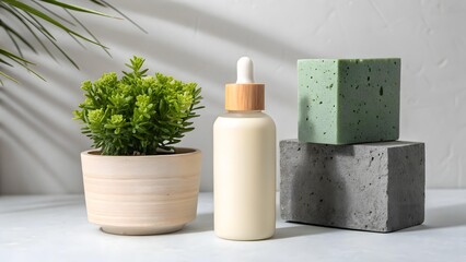 Natural beauty products arranged with a potted plant and geometric blocks