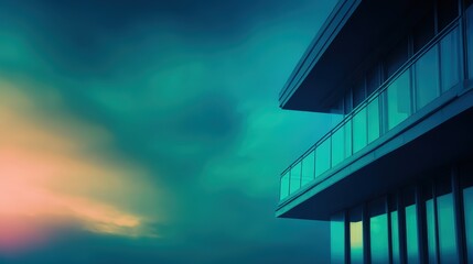 Modern architectural design of a sleek building against a dramatic twilight sky with vibrant colors