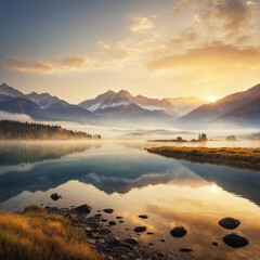 Obraz premium Breathtaking sunrise paints golden mountain lake with peaceful reflections
