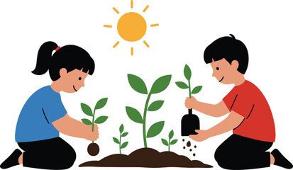 Vector illustration of two happy children gardening under the sun, planting saplings together to protect the environment and promote sustainable growth and a healthy ecological future for all.