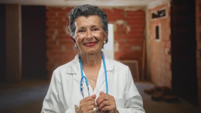 Senior woman doctor with grey hair and stethoscope smiling at an indoor construction site wearing a white coat against a brick wall background.