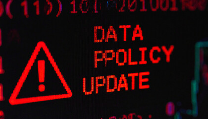 Data Policy Update: A stark digital display highlights the urgency of a data policy update with a bold exclamation mark, set against a dark background, emphasizing the criticality of data management.