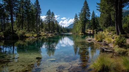 Obraz premium Serene Crystal Clear Lake Surrounded by Lush Pine Trees