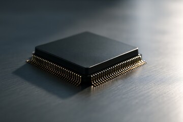 Close up of a black integrated circuit chip with gold pins