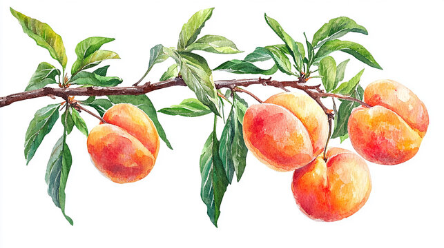 Hand-painted watercolor peach branch with leaves as a horizontal botanical border for banner, frame, or headline design.