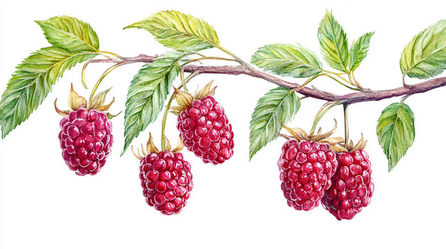 Hand-painted watercolor raspberry branch with leaves as a horizontal botanical border for banner, frame, or headline design.