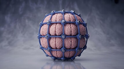 Spherical structure made of multiple brain segments encased in blue metallic frame, conceptual image of AI network and brain computer interface integration