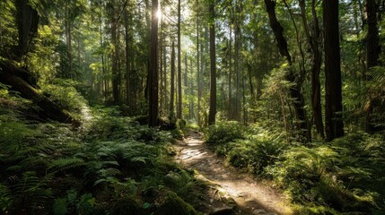 Fototapeta premium Serene Trail Through Dense Forest with Dappled Sunlight Filtering