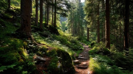 Peaceful Trail Through Dense Forest with Dappled Sunlight