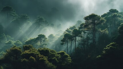 Dense Pine Forest with Morning Fog and Light Rays Filtering Through