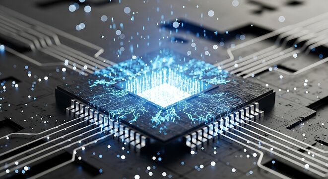 Glowing blue light emanates from a central computer processor chip computer chip microchip