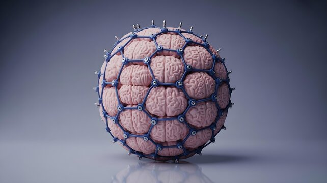 Spherical structure made of multiple brain segments encased in blue metallic frame, conceptual image of AI network and brain computer interface integration