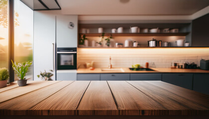Fototapeta premium Empty wooden table surface in the foreground with a blurred modern kitchen interior background, illuminated by warm sunlight.