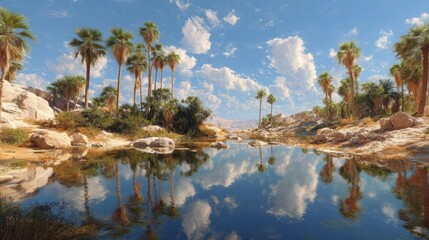 Serene Desert Oasis with Palm Trees and Stunning Water Reflections