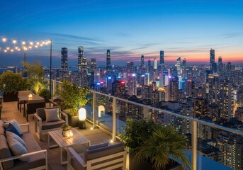 Fototapeta premium A Modern Rooftop Terrace with a Fire Pit Overlooking a Glowing City Skyline at Dusk