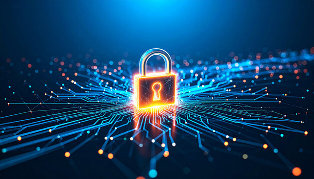 Digital Fortress: A radiant padlock, representing data security, is illuminated at the heart of a complex digital network, embodying cyber protection and safety in the realm of technology. 