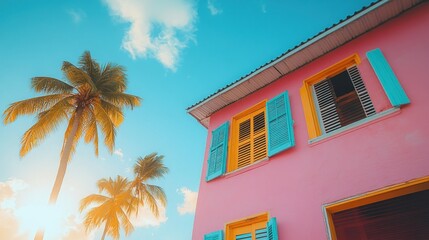 Vibrant pink Caribbean house with turquoise shutters, palm trees under a vibrant sky