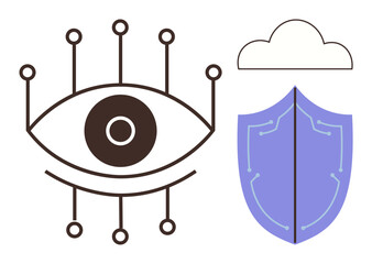 Eye connected to digital nodes next to a shield under a cloud, suggesting data security, surveillance, and cloud protection. Ideal for technology, online safety, AI, privacy, networks protection