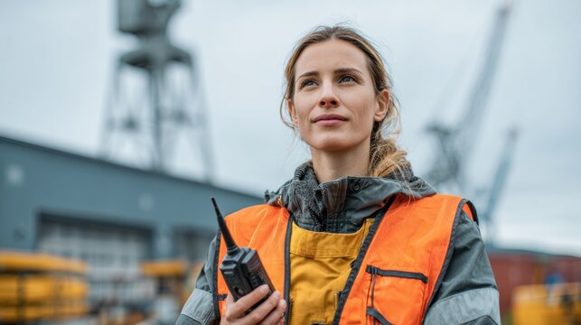 A confident woman in a safety vest uses a radio at a busy industrial site, showcasing teamwork and communication.