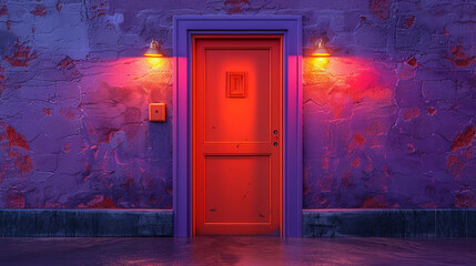 Old building exterior at night, with a vibrant red door and purple wall lit by warm lights.